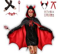 HUTRADE Déguisement Diable Femme Adulte Halloween - Costume 7PCS Cape Réversible Noir Rouge Capuche Cornes, Fourche, Masque Dentelle, Gants, Tatouages, Nœud Rouge - Cosplay, Carnaval, Fêtes