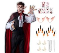 HUTRADE Tatouage Halloween - Kit Complet avec 8 Dents de Vampire Réalistes, 4 Oreilles Elfe, 6 Tatouages Temporaires Étanches, 10 Faux Ongles & 1 Tube Colle Adhésive pour Cosplay et Soirée Costumée