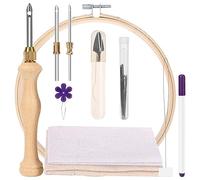 HUTSRAI Kit de Couture à L'Aiguille de Poinçon en Bois avec Cerceau à Broder, Poinçon D'Aiguille Réglable, Tissu de Touffetage, Crochet de Tapis