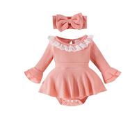 Huttam Body Manche Longue Bebe Fille 0-18 Mois avec Jupe côtes Robes bébé Fille Ceremonie Mariage Dentelle Manche Cloche Vetement Bebe Fille Naissance Automne Barboteuse + Bandeau Noeud (0-3 Mois)