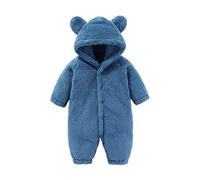 Huttam Combinaison Polaire Bebe Garcon 0-12 Mois avec Capuche Oreille de Ours Grenouillere Bebe Garcon Hiver Chaud Epais Flanelle Manche Longue Manteau Bebe Fille Peluche Doux Bouton (Blue, 0-3 Mois)