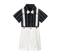 Huttam Costume Enfant Garcon Mariage ete 1-9 Ans Chemises garçon Manches Courtes avec Noeud Papillon Rayures Shorts et Bermudas garçon Bretelles Ensemble Tenue Ceremonie Gentleman (White, 8-9 Ans)