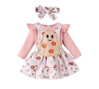 Huttam Ensemble Bebe Fille 0-18 Mois Halloween fantôme Body Bebe Fille Naissance Manche Longue Volants uni Robe Jupe à Bretelles Fleurs et Bandeau Vetement Tenue Halloween Dessin animé (0-3 Mois)