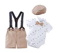 Huttam Ensemble Bebe garçon Naissance 0-24 Mois ete Costume Gentleman garçon Mariage Ceremonie Body Manche Courte Bebe Garcon Shorts et Bermudas garçon avec Bretelles et Casquette (Khaki, 9-12 Mois)