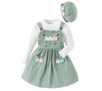Huttam Ensemble Fille 3-7 Ans Chic et Elegant Automne sous Pull Fille Leger Manche Longue + Robe Salopette Fille Fleurie Volants Velours côtelé + Casquette Beret Tenue Mode Printemps (Green, 3-4 Ans)