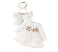 Huttam Ensemble Vetement Bebe Fille 0-3 Ans Chic Mode Robe Princesse Fille Tulle Fleurie Manche Longue Volants Robe Bebe Fille Mariage Bapteme Ceremonie Gilet sans Manches Bandeau (White, 3-6 Mois)