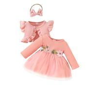 Huttam Ensemble Vetement Bebe Fille 0-3 Ans Chic Mode Robe Princesse Fille Tulle Fleurie Manche Longue Volants Robe Bebe Fille Mariage Bapteme Ceremonie Gilet sans Manches Bandeau (Red, 9-12 Mois)