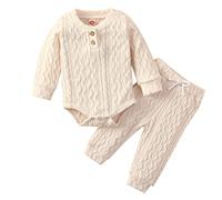 Huttam Ensemble Vetement Bebe garçon Naissance 0 24 Mois Automne Hiver Body Bebe Fille Manche Longue Combinaison uni Doux et Pantalon Tenue Bebe Garcon Printemps Decontracte Mode (Beige, 12-18 Mois)