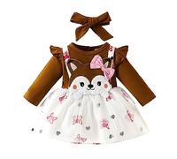 Huttam Ensembles Bébé Fille Naissance écureuil Imprimé Body Bebe 0-18 Mois Manche Longue Barboteuse Dessin Anime Automne Jupe Robe à Bretelles Bandeau Habits Chic Mode (Brun-a12-18 mois)