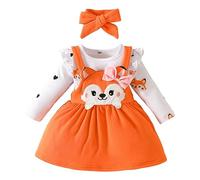 Huttam Ensembles Bébé Fille Naissance écureuil Imprimé Body Bebe 0-18 Mois Manche Longue Barboteuse Dessin Anime Automne Jupe Robe à Bretelles Bandeau Habits Chic Mode (Orange0-3 mois)