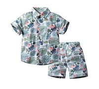 Huttam Ensembles bébé garçon 9 Mois à 6 Ans Fleurie Feuilles imprimé Chemise Hawaienne Enfant garçon Manche Courte Shorts et Bermudas garçon Mode Casual Costume Tenue Vetement Plage (Green, 4-5 Ans)