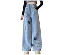 Huttam Jean Large Fille 4-14 Ans Droit Taille Haute Elastique delavé Motif Coeur Pantalons Fille ado Baggy Decontracte Streetwear Hippie Pantalon Enfant Fille Wide Leg a la Mode (Blue, 6-7 Years)