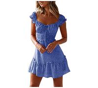 Huttam Robe Courte Femme Été Fluide À Pois Grande Taille Robe de Plage Femme Sexy Manche Courte À Volants Pas Cher Mini Robe de Soirée Cocktail Chic Robe A-Line Décontractée (Bleu, L)