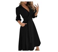 Huttam Robe Femme Soiree Cocktail Mi Longue Grande Taille Robe Portefeuille Femme Cache Coeur Manche Longue avec Poches et Ceinture Robe Femme Chic et Elegant Manches 3/4 pour Travail (Noir, L)