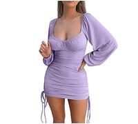 Huttam Robe Sexy Femme Club Libertin Dos Nu Decollete Robe Courte Moulante Manche Longue Automne Mini Robe Femme Chic Soiree Cocktail Pas Cher Couleur Unie Printemps Clubwear Wetlook (Violet, M)