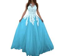 Huttam Robe Soiree Femme Longue Ceremonie Princesse Grande Taille Robe Femme Chic et Elegant Mariage Dentelle sans Manches Robe de Mariée Demoiselle d'honneur en Tulle Robe de Fete Bal (Bleu, S)