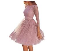 Huttam Robe Soiree Femme Mi Longue Ceremonie Brillante Grande Taille Robe Femme Chic et Elegant Mariage Manches Longues Robe Sexy Femme Dos Nu Robe de Demoiselle d'honneur Tutu en Tulle (Rose, 5XL)