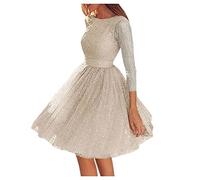 Huttam Robe Soiree Femme Mi Longue Ceremonie Brillante Grande Taille Robe Femme Chic et Elegant Mariage Manches Longues Robe Sexy Femme Dos Nu Robe de Demoiselle d'honneur Tutu en Tulle (Beige, M)