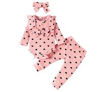 Huttam Tenue Bébé Fille 0-12 Mois Coeur Imprimer Automne Body Bébé Fille Manche Longue Noeud Volants Côtes + Pantalon + Bandeau - Naissance Bébé Fille Habits Mode Printemps (0-3 Mois)