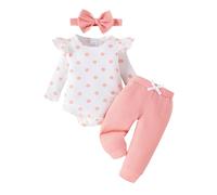 Huttam Vetement Bebe Fille 0 18 Mois Automne à Pois Body Bebe garçon Manche Longue Volants Combinaison côtes Printemps Pantalon Bandeau Noeud Ensemble kit Bebe Naissance Habits Tenue (9-12 Mois)