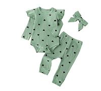 Huttam Vêtement Bébé Fille 0-24 Mois Pas Cher Ensemble Bebe Fille Naissance Imprimé Cœur Volants Body Bebe Fille Manche Longue Grenouillère Barboteuse Combi + Pantalon + Bandeau (0-6 mois, Bleu)