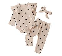 Huttam Vêtement Bébé Fille 0-24 Mois Pas Cher Ensemble Bebe Fille Naissance Imprimé Cœur Volants Body Bebe Fille Manche Longue Grenouillère Barboteuse Combi + Pantalon + Bandeau (18-24 mois, Kaki)