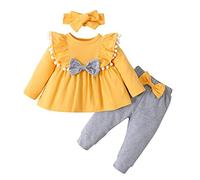 Huttam Vêtement Bébé Fille 3-18 Mois Pas Cher Habits Ensemble Bebe Fille Naissance Haut Fille Manche Longue Uni Avec Nœud Volants Tops Blouse Chemise Robe + Pantalon + Bandeau (3-6 mois, Jaune)