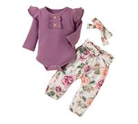 Huttam Vêtements Bébé Fille 0-18 Mois Naissance Ensemble de Pyjama Bebe Hiver Pas Cher Habit Combinaison Body Manche Longue Uni + Pantalon Bandeau Fleur (0-3 mois, Violet)