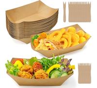 Huucozn 50 Pièces Barquettes en Carton Kraft avec 50 Fourchette Plateaux Alimentaires Jetables en Carton Kraft Barquette Frite Bols à Frites en Cartons Bateaux de Service à Emporter pour Salade