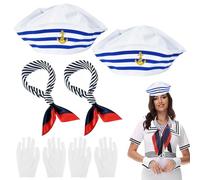 Huucozn Bonnets et Écharpe de Marin à Rayures, Kit de Déguisement Marin pour Hommes Femmes Chapeau de Capitaine à Rayure Bleu et Blanc Accessoire de Costume Marine pour Halloween Carnaval Cosplay