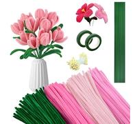 Huucozn Fil Chenille Kit de 400 Pcs Fil Chenille 6mm x 30cm Cure-Pipes Multicolores 4 Couleurs avec Tiges de Fleurs Ruban Adhésif et Étamines pour Loisirs Créatifs Artisanat Décoration Fête