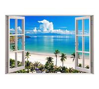 HUUDNHYK Fausses fenêtres où vous pouvez voir le Nuages blancs particuliers au bord de la mer. Tableau sur Toile XXL Paysage Art Image Deco 3D fenetre Vue 112x75cm(44x30in) Sans cadre