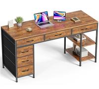 Huuger Bureau d'ordinateur avec 6 tiroirs, bureau de 137 cm avec étagères, bureau de jeu réversible, bureau d'angle avec rangement, pour bureau à domicile, étude, salon, marron rustique