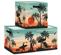 HUUMONSS 30cm Boîtes de Rangement Lot de 3 Plage Tropicale Livres Rangement de Vêtements pour Placard Étagères Coffre à Jouets Enfant Palmier Sunset Surf Silhouette
