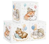 HUUMONSS Boîtes de Rangement Lot de 3 Animaux Endormis Paniers de Rangement Cube Ballon Ours Étoiles Enfant Pliables Coffre à Jouets Garçons Filles pour Étagères Livres,Renard,30x30x30 cm