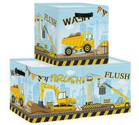 HUUMONSS Boîtes de Rangement Lot de 3 Véhicules de Construction Paniers de Rangement Cube Grue Bulldozer Enfant Pliables Coffre à Jouets Garçons Filles pour Étagères Livres,Camion Benne,30x30x30 cm