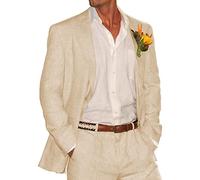 HUUTOE Costume 2 pièces en lin pour homme - Coupe ajustée - Style décontracté - Pour la plage, les mariages, l'été - Blazer et pantalon en lin, beige, Taille 4XL