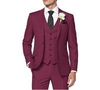 HUUTOE Costume 3 pièces élégant pour homme, type smoking, coupe ajustée, avec blazer, gilet et pantalon, pour l’été, mariage, bal de fin d'année, affaires, rouge vin, Taille 4XL