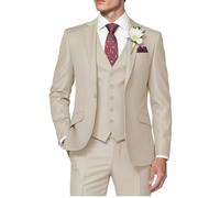 HUUTOE Costume 3 pièces élégant pour homme, type smoking, coupe ajustée, avec blazer, gilet et pantalon, pour l’été, mariage, bal de fin d'année, affaires, beige, Taille L
