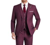 HUUTOE Costume 3 pièces élégant pour mariage, bal de fin d'année, affaires, blazer à un bouton, veste gilet et pantalon, smoking, pour homme, personnalisable, rouge vin, Taille M