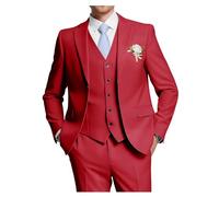 HUUTOE Costume 3 pièces élégant pour mariage, bal de fin d'année, affaires, blazer à un bouton, veste gilet et pantalon, smoking, pour homme, personnalisable, Rouge, Taille L