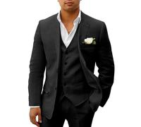 HUUTOE Costume 3 pièces en lin pour homme, coupe ajustée, smoking avec blazer, pantalon et gilet, pour mariage, été, plage, bal, loisirs, garçon d'honneur, noir, 60