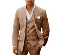 HUUTOE Costume 3 pièces en lin pour homme - Pour la plage, les mariages, les garçons d'honneur - Costume d'été décontracté - Blazer en lin - Gilet et pantalon de smoking, marron, XX-Large