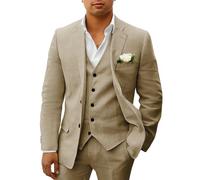 HUUTOE Costume 3 pièces en lin pour homme - Pour la plage, les mariages, les garçons d'honneur - Costume d'été décontracté - Blazer en lin - Gilet et pantalon de smoking, kaki, Taille L