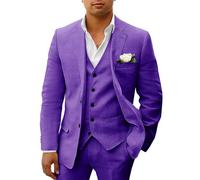 HUUTOE Costume 3 pièces en lin pour homme - Pour la plage, les mariages, les garçons d'honneur - Costume d'été décontracté - Blazer en lin - Gilet et pantalon de smoking, violet, Taille XL