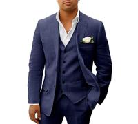 HUUTOE Costume 3 pièces en lin pour homme - Pour la plage, les mariages, les garçons d'honneur - Costume d'été décontracté - Blazer en lin - Gilet et pantalon de smoking, bleu marine, Taille XL