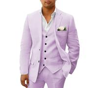 HUUTOE Costume 3 pièces en lin pour homme - Pour la plage, les mariages, les garçons d'honneur - Costume d'été décontracté - Blazer en lin - Gilet et pantalon de smoking, lilas, Taille L