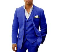 HUUTOE Costume 3 pièces en lin pour homme - Pour la plage, les mariages, les garçons d'honneur - Costume d'été décontracté - Blazer en lin - Gilet et pantalon de smoking, bleu royal, Taille L