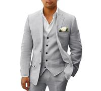 HUUTOE Costume 3 pièces en lin pour homme - Pour la plage, les mariages, les garçons d'honneur - Costume d'été décontracté - Blazer en lin - Gilet et pantalon de smoking, gris, Taille M