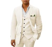 HUUTOE Costume 3 pièces en lin pour homme - Pour la plage, les mariages, les garçons d'honneur - Costume d'été décontracté - Blazer en lin - Gilet et pantalon de smoking, ivoire, Taille XL